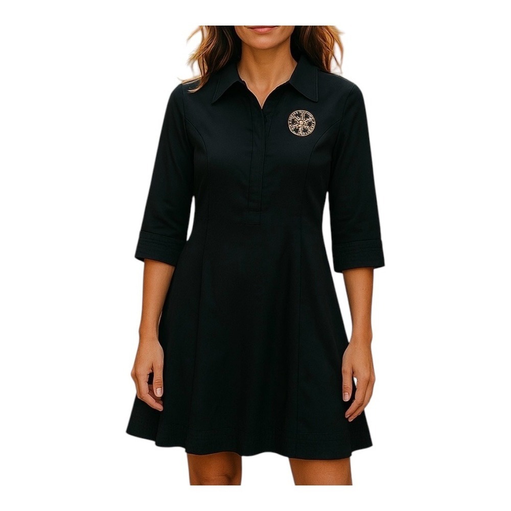 Few Moda Shirt Dress Women XL Black Jeweled Brooch 3/4 Sleeve Cotton Mini A-Line